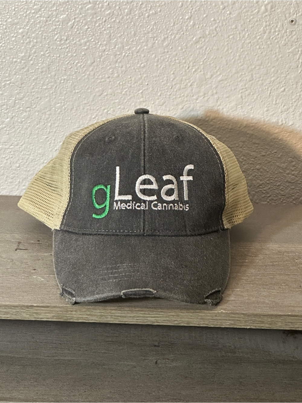 gLeaf Medical Cannabis Distressed Trucker Hat Gray Tan Mesh Snapback Cap